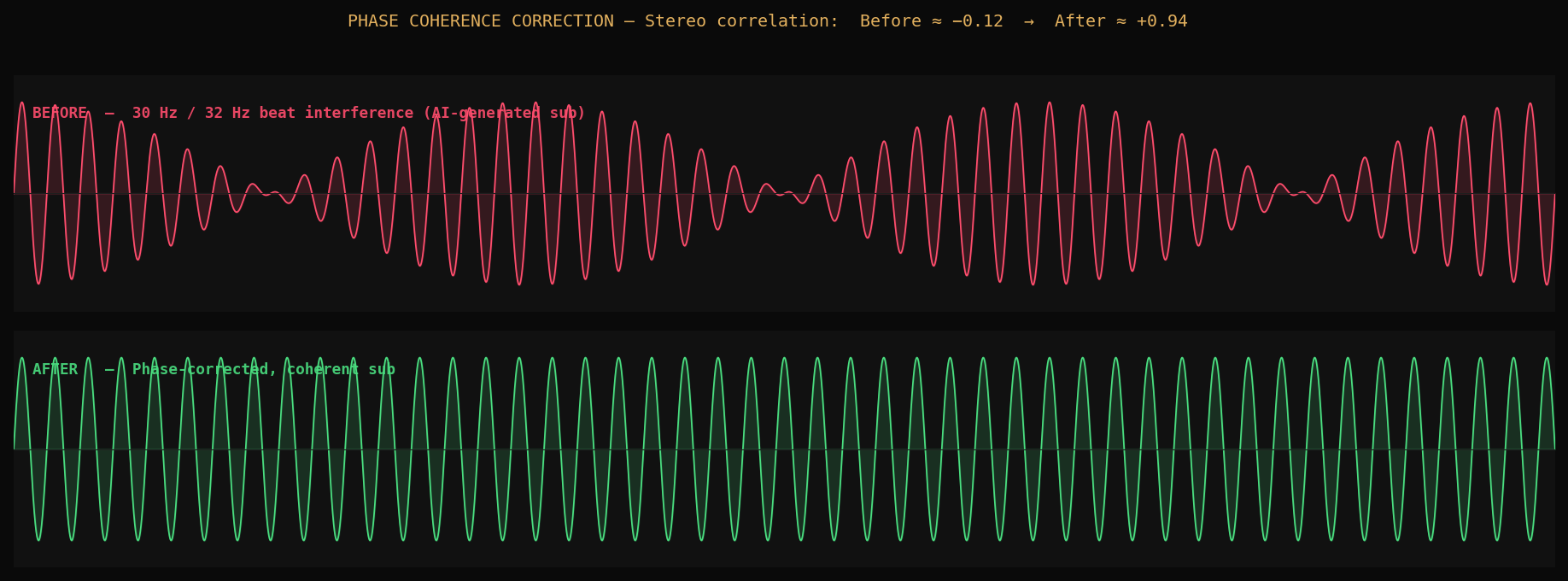 Before/after waveform: phasey beating sub vs coherent stable sine